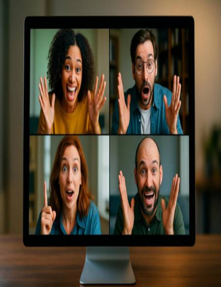 expressive signal meeting, enthusiastic, showcasing facial expressions, photorealistic, virtual meeting on a computer screen, highly detailed, animated eyes and gestures, ISO 800, vibrant colors, overhead lighting, shot with a 85mm lens.