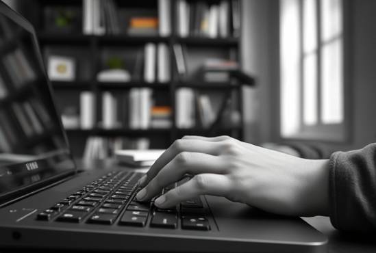 clear communication signals, determined, typing on a keyboard, photorealistic, home office with bookshelves in the background, highly detailed, fluid typing motion, 24 megapixels resolution, monochrome scheme, soft ambient lighting, shot with a macro lens.