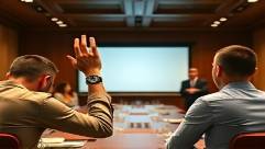 concise meeting cues, curious, raising a hand to ask a question, photorealistic, traditional boardroom with a presentation screen, highly detailed, interactive dynamics, f/2.8 depth of field, warm tones, spot lighting, shot with a 70-200mm lens.