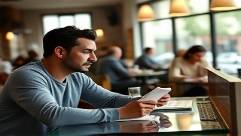 subtle meeting signals, reflective, nodding while taking notes, photorealistic, busy cafe with other patrons working, highly detailed, calm concentration, 16-bit color depth, bold primaries, morning natural lighting, shot with a 24mm lens.
