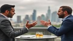 strategic communication signals, insightful, using gestures to emphasize points, photorealistic, outdoor meeting with city skyline, highly detailed, expressive hand movements, HDR imaging, muted neutrals, overcast lighting, shot with a telephoto lens.