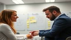 non-verbal meeting cues, engaged, sharing a knowing glance, photorealistic, small huddle room with whiteboards and sticky notes, highly detailed, meaningful eye contact, 14fps burst mode, pastel highlights, LED ceiling lighting, shot with a 58mm lens.