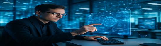 futuristic technology, focused exploration, seamlessly integrating, photorealistic, a high-tech office with holographic displays, highly detailed, digital networks visible in the air, 48k resolution, cool blue tones, artificial light, shot with an 85mm lens.